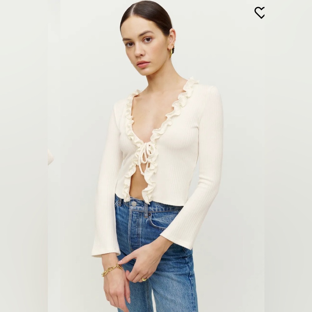 Reformation Cream Ruffle-Trim Ribbed Tie-Front Camisole